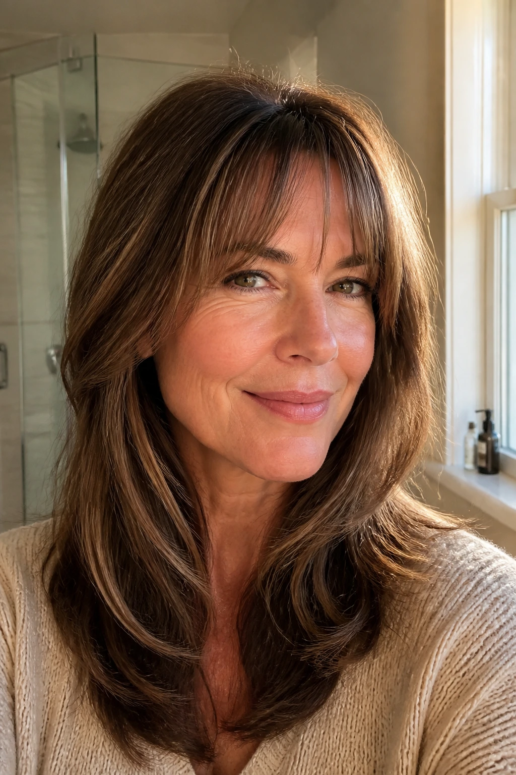 Portrait of a real woman wearing long layered bangs in a quick morning-ready style.