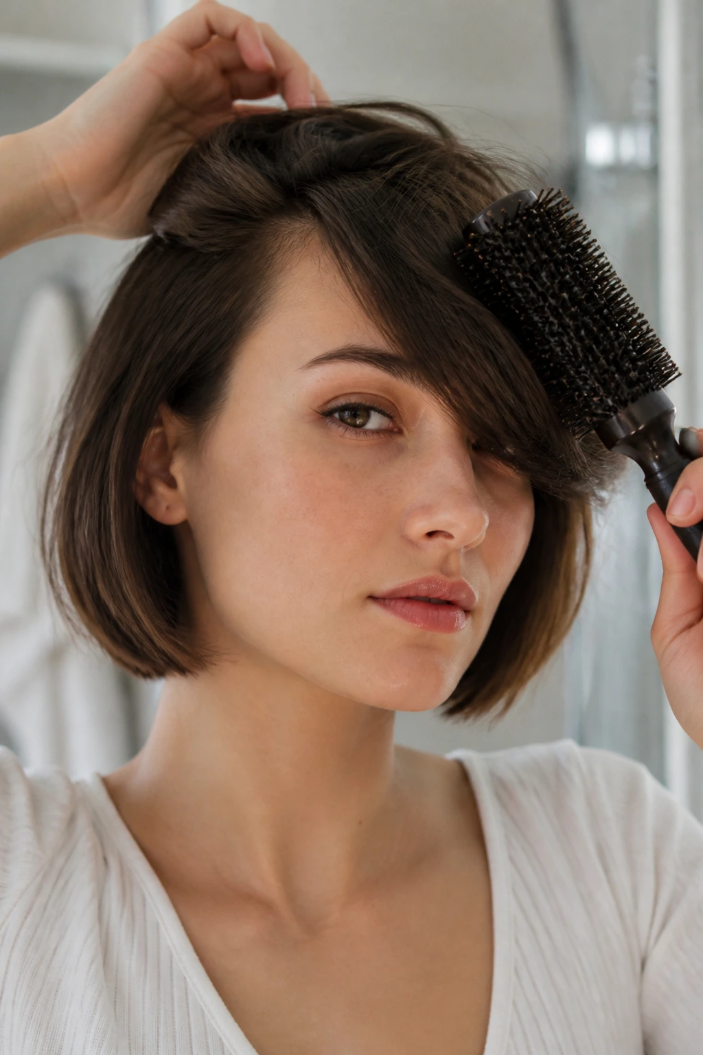 Close-up of a real woman in a bathroom performing a quick morning routine for a side-swept bob