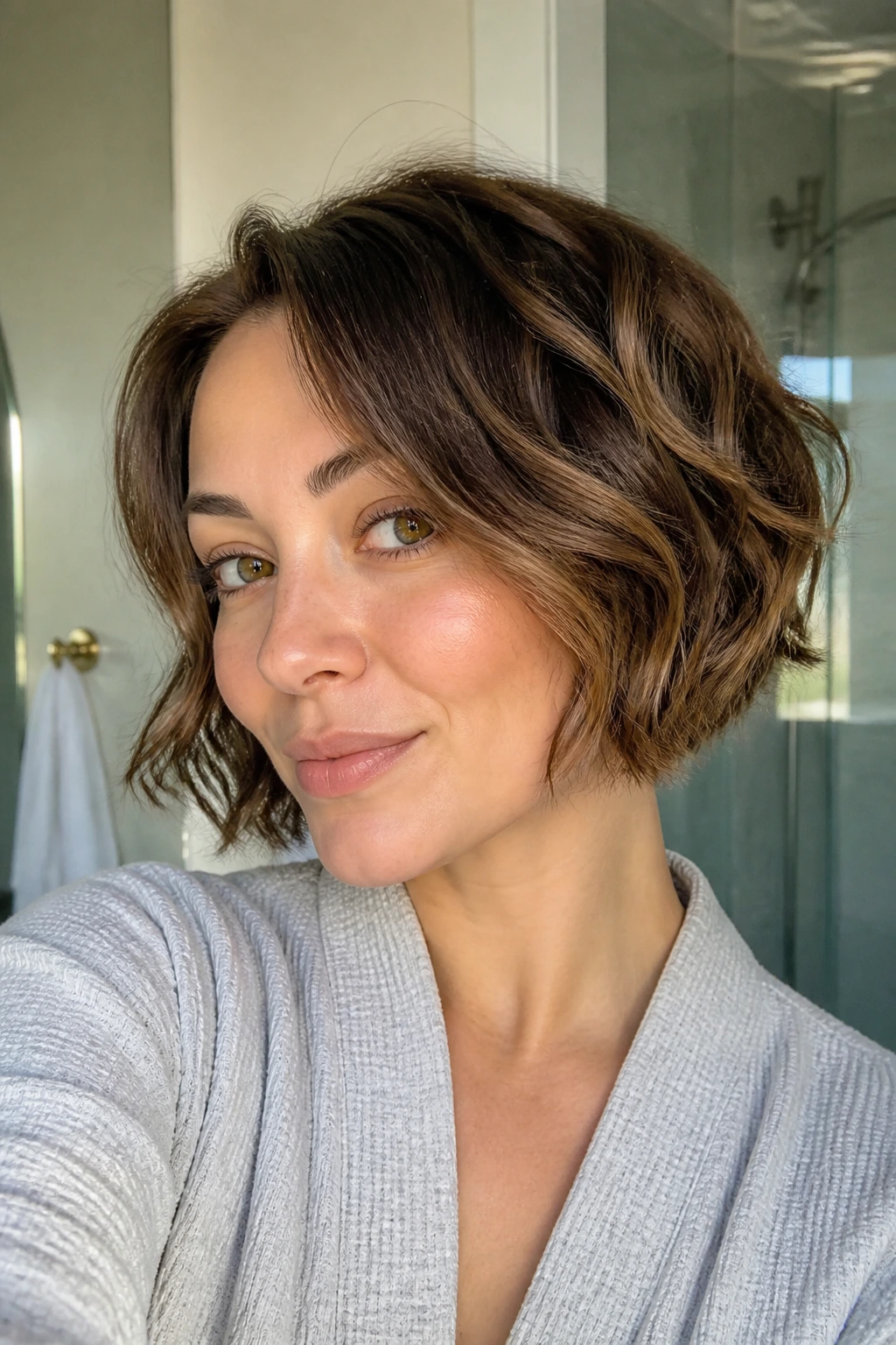 Portrait of a woman with a stacked bob and natural waves in morning light