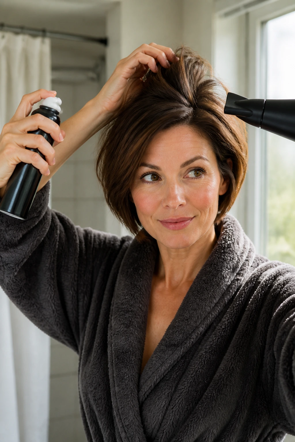 Woman applying mousse to roots at a bright bathroom vanity in the morning.