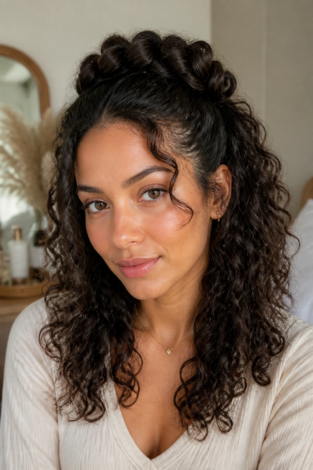 Portrait of a real woman with a polished curly hairstyle in morning light
