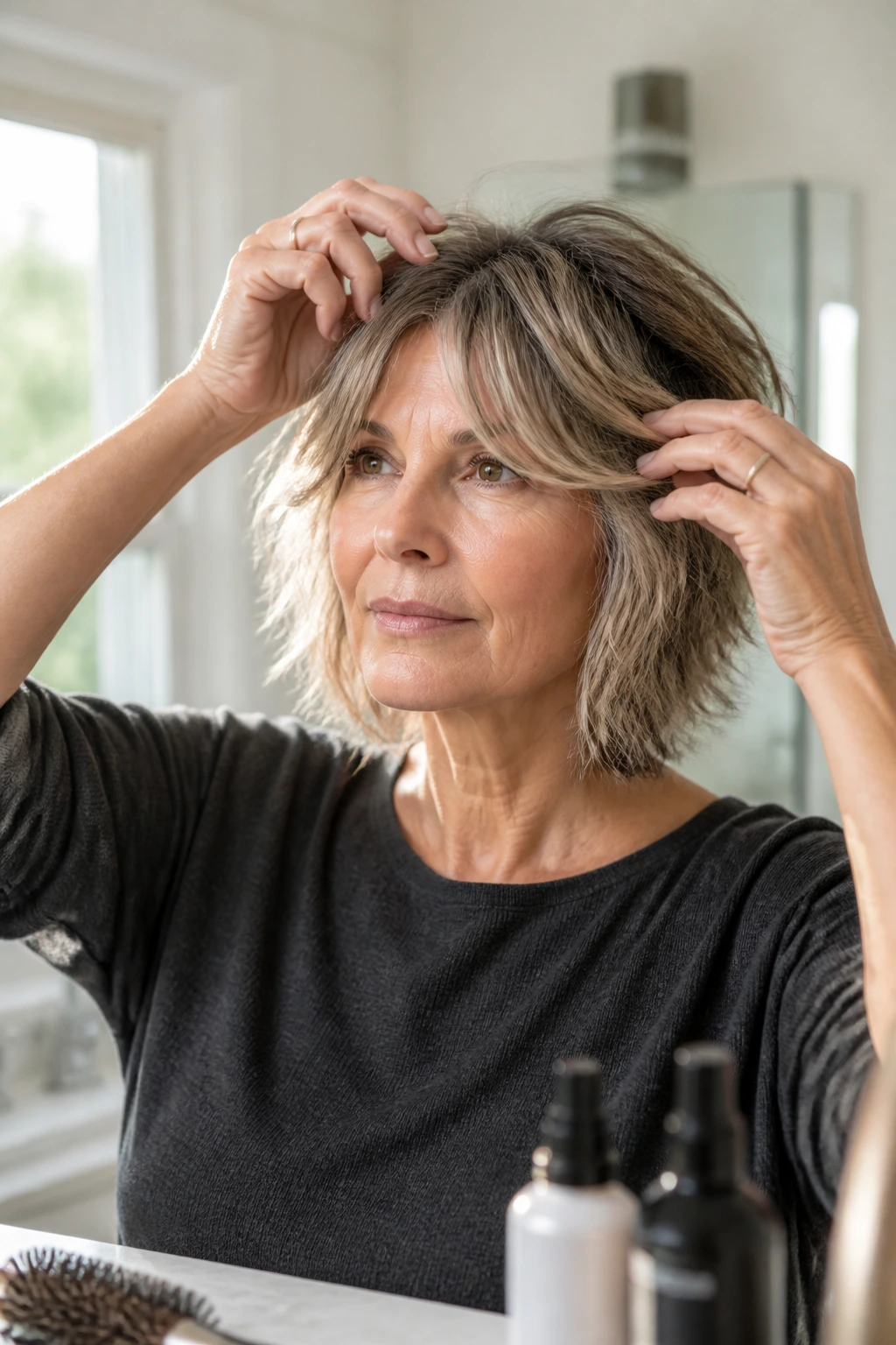 Portrait of a real woman with curtain bangs being styled in a bright room