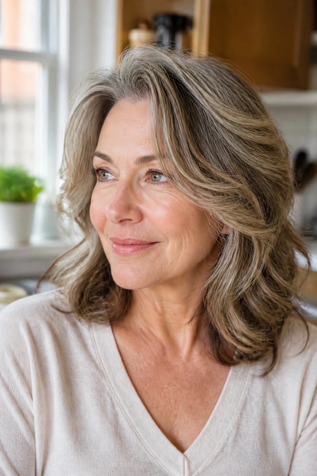 Portrait of a woman with lifted crown and moving waves in morning kitchen light