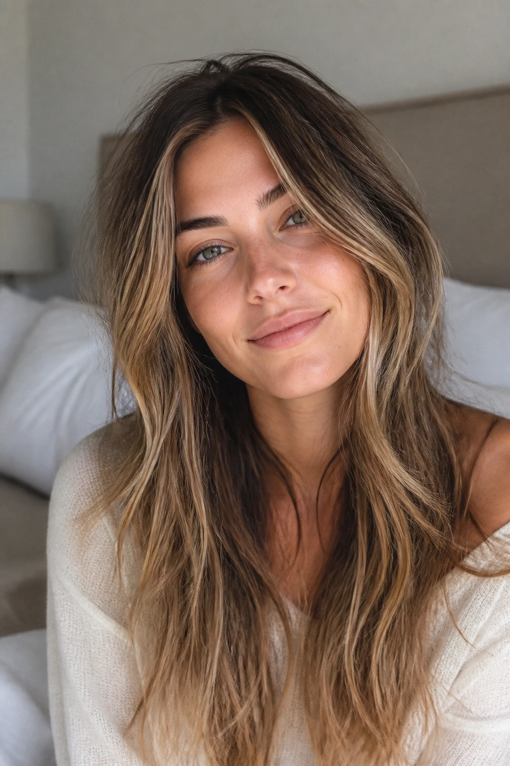 Close-up of a real woman with morning waves in natural light