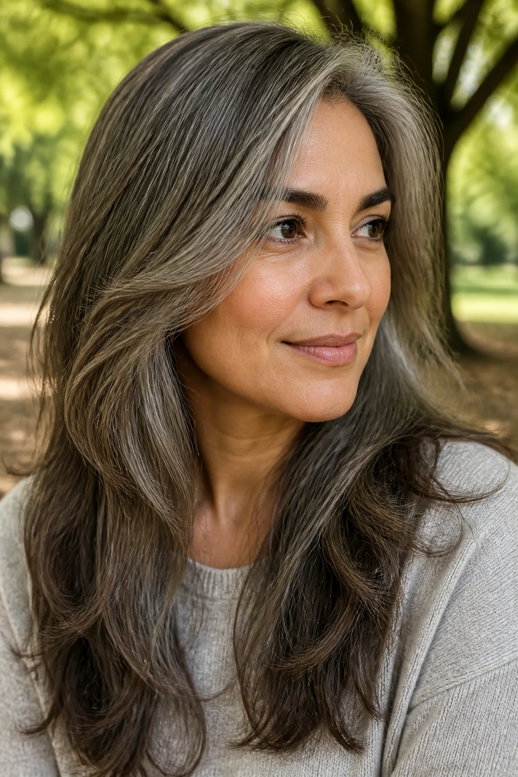 Close-up portrait of a real person with mossy-gray mushroom blend in natural daylight