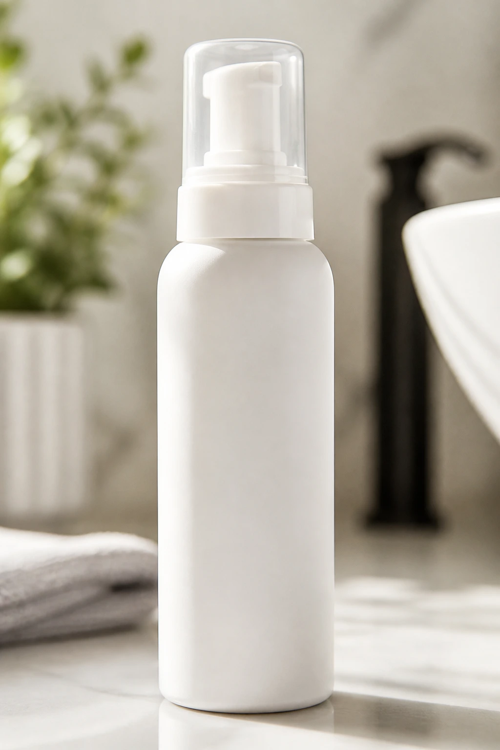Lightweight mousse bottle on bathroom counter