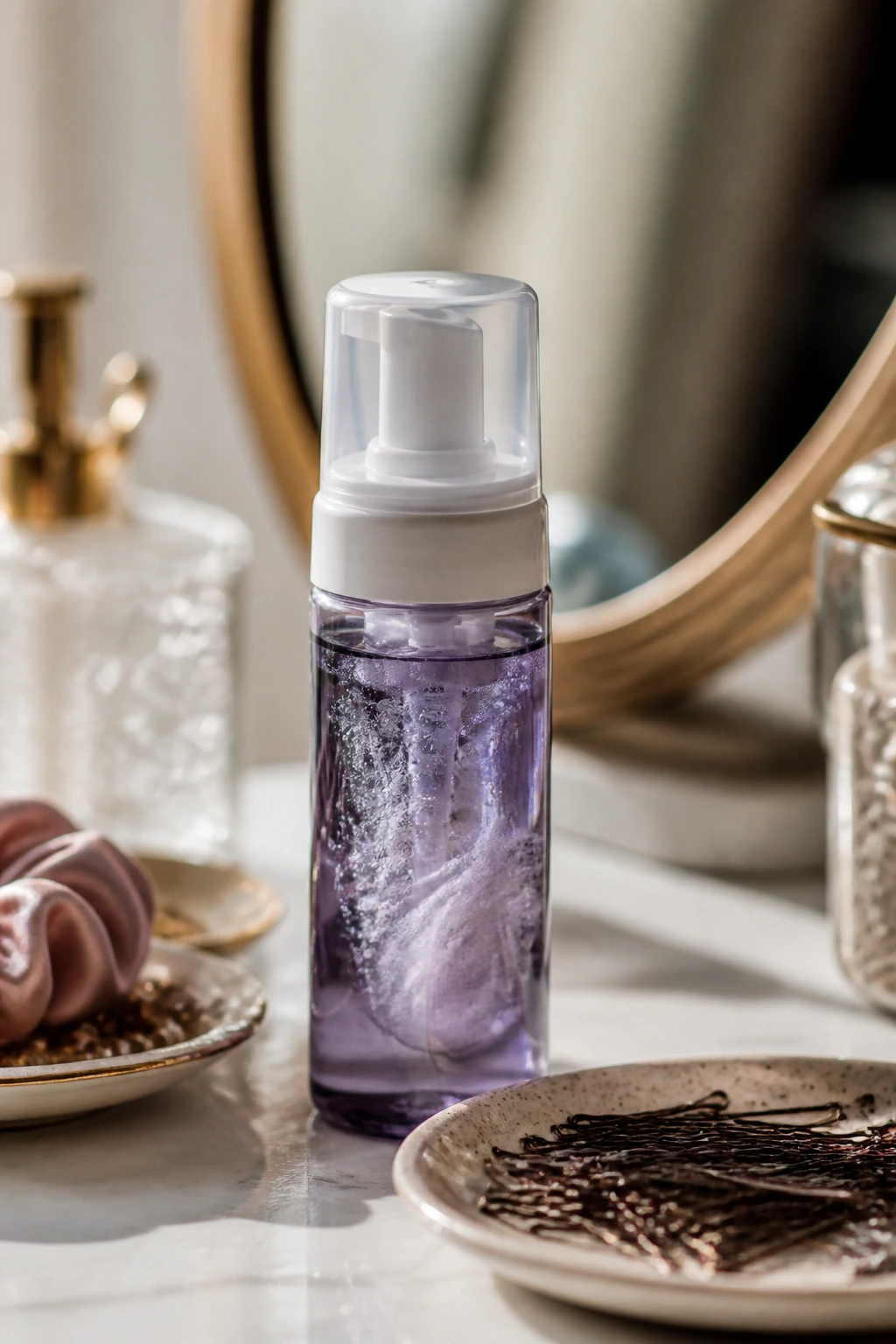 Close-up of mousse bottle on a vanity for fine hair styling