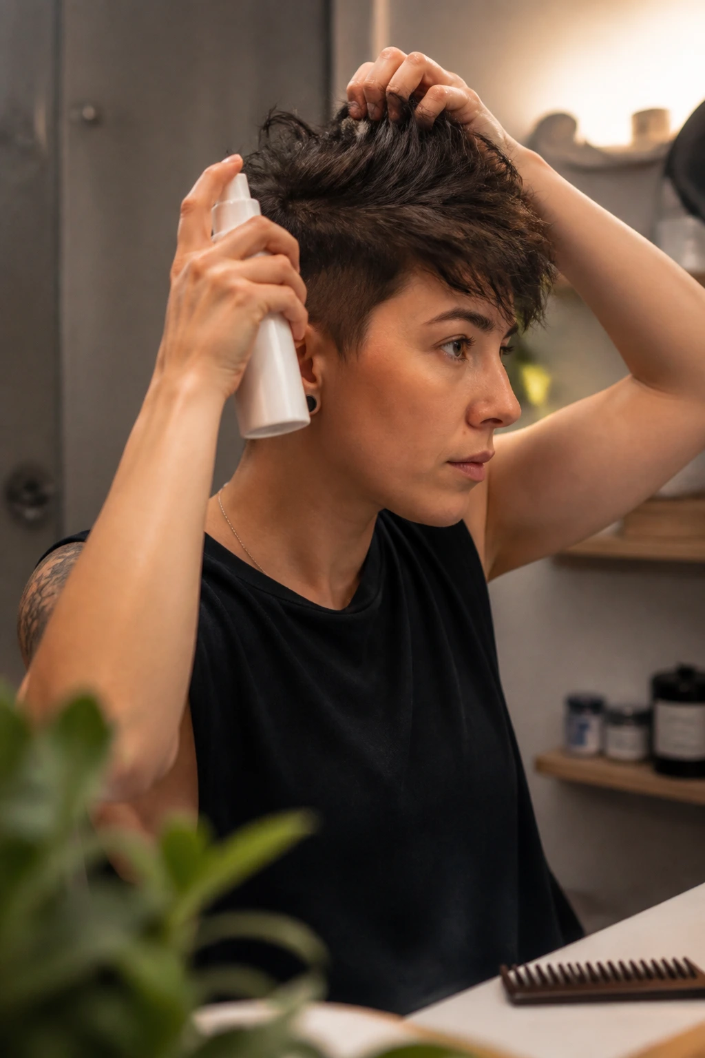 Portrait of a person applying lightweight styling products at a vanity