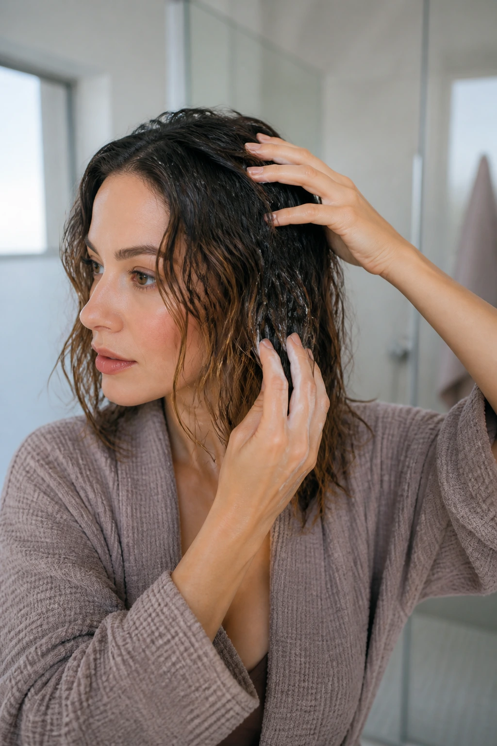 Real person with damp lob applying mousse during styling routine