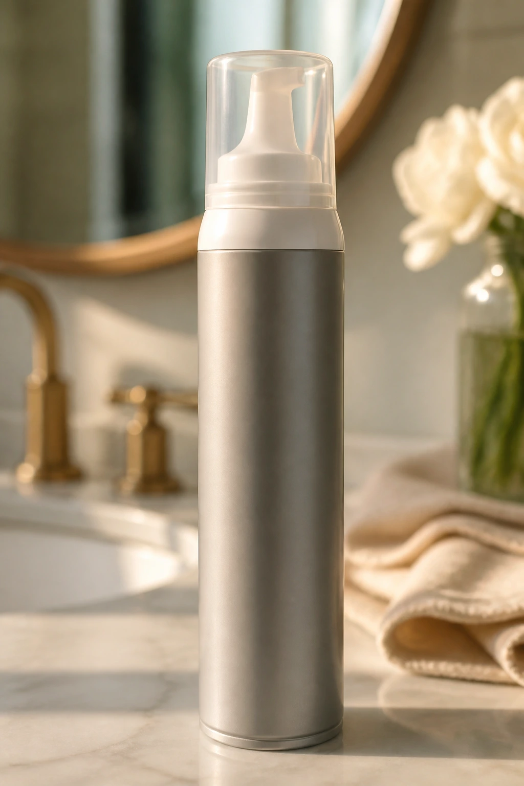 Close-up of a mousse can on a bathroom vanity representing essential tools for short wavy hairstyles.