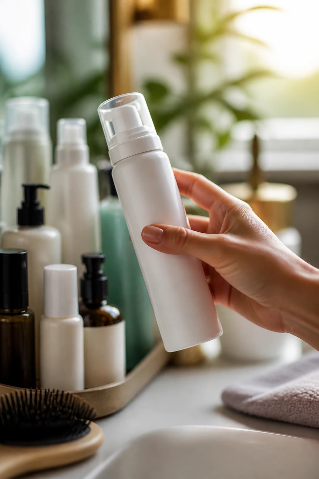 Hand selecting lightweight mousse bottle for short wavy hair