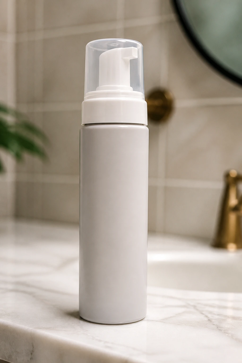 Close-up of a lightweight mousse bottle for short wavy hair on a bathroom counter