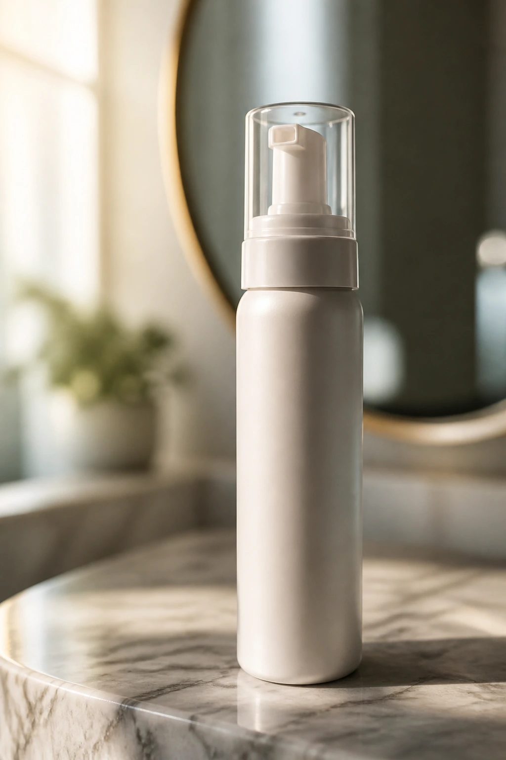 Close-up of a lightweight mousse bottle on a bathroom counter.