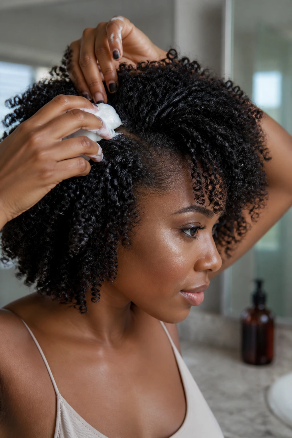 Hand applying mousse at roots of layered bob on real person