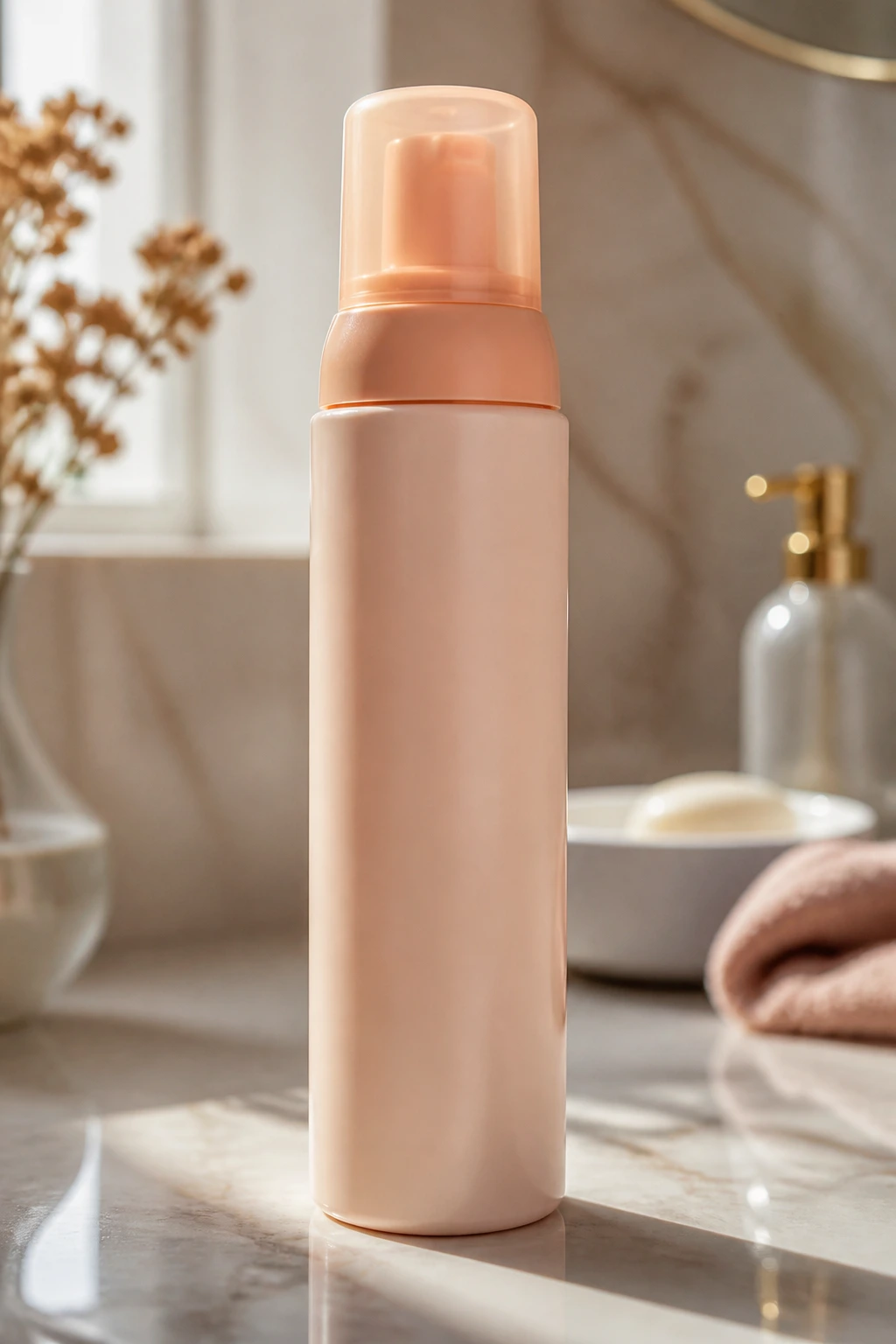 Close-up of a peach-cap mousse bottle on a marble counter