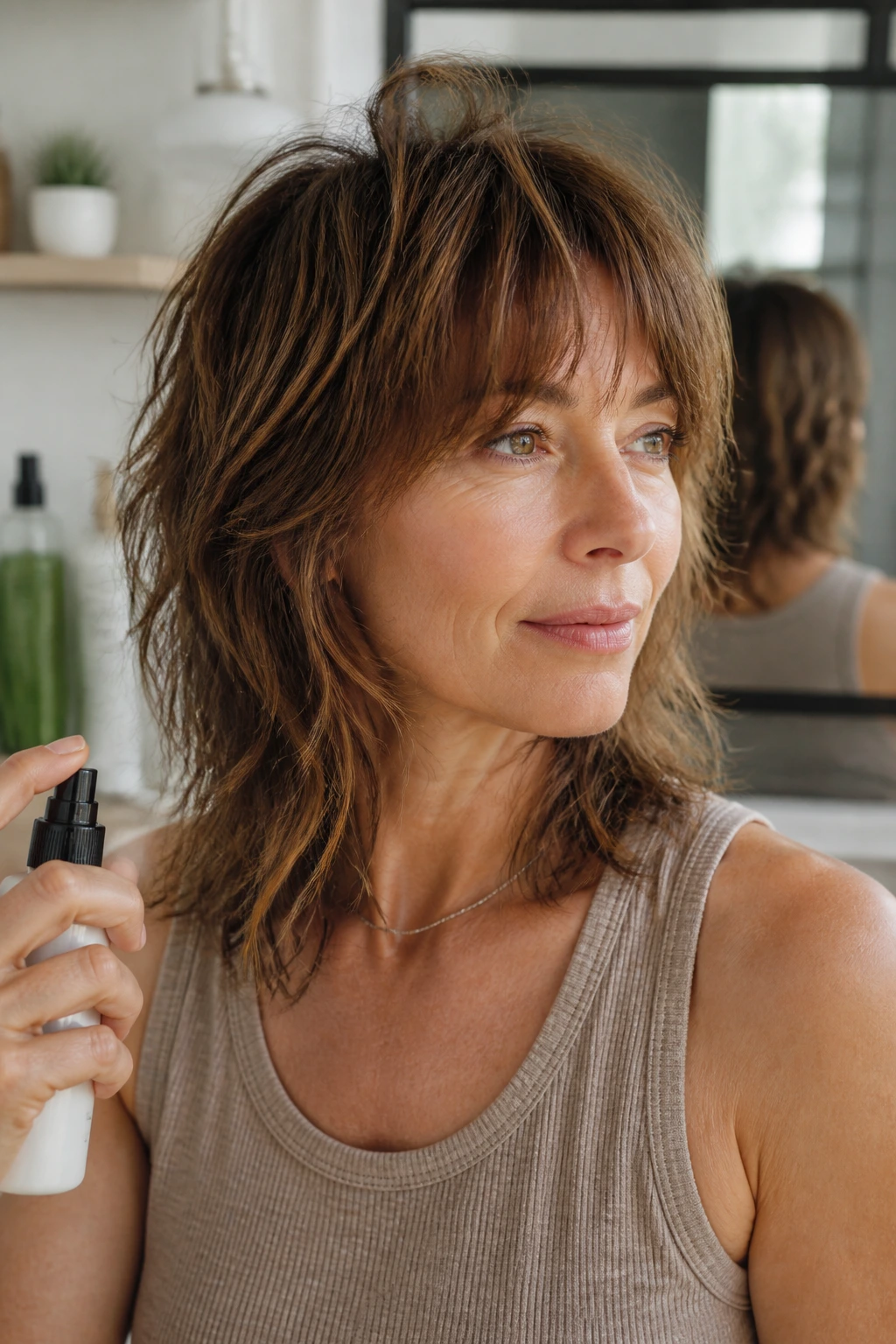 Real person with fine hair styled with mousse and texture spray