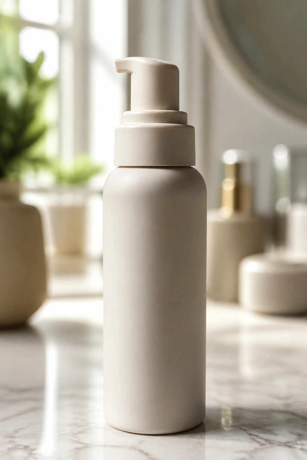 Close-up of a generic mousse bottle for lightweight volume with no visible branding.