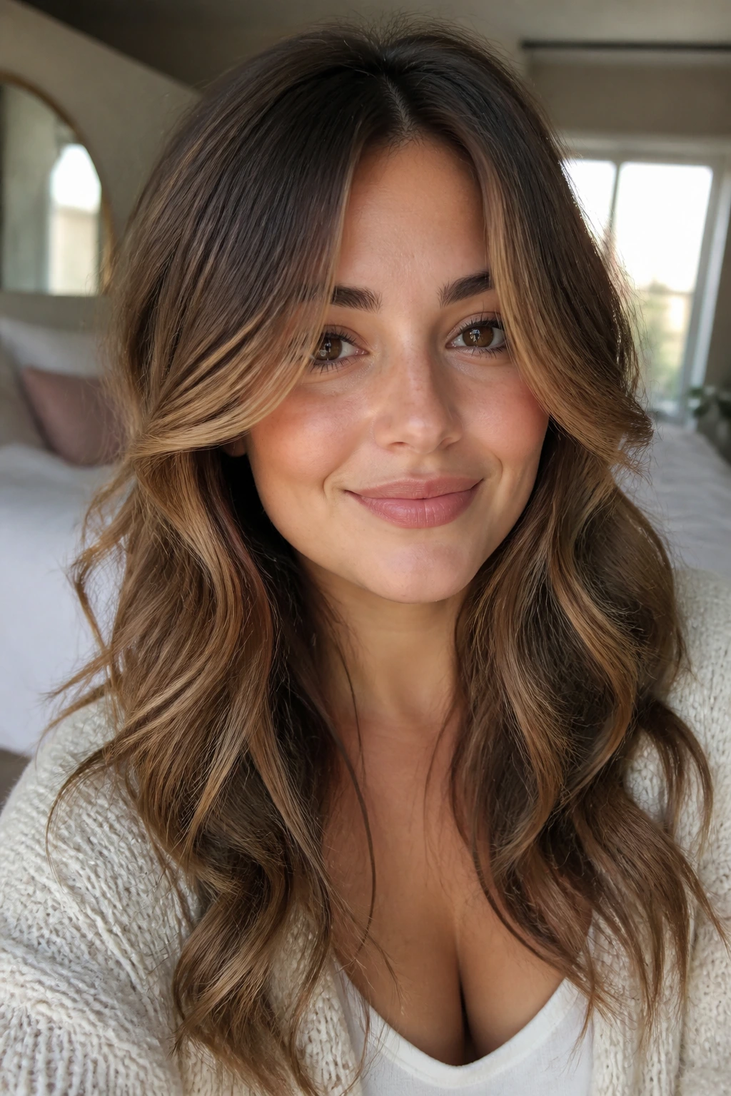 Close-up highlighting mouth-line framing pieces starting at the lips and tracing toward the collarbone
