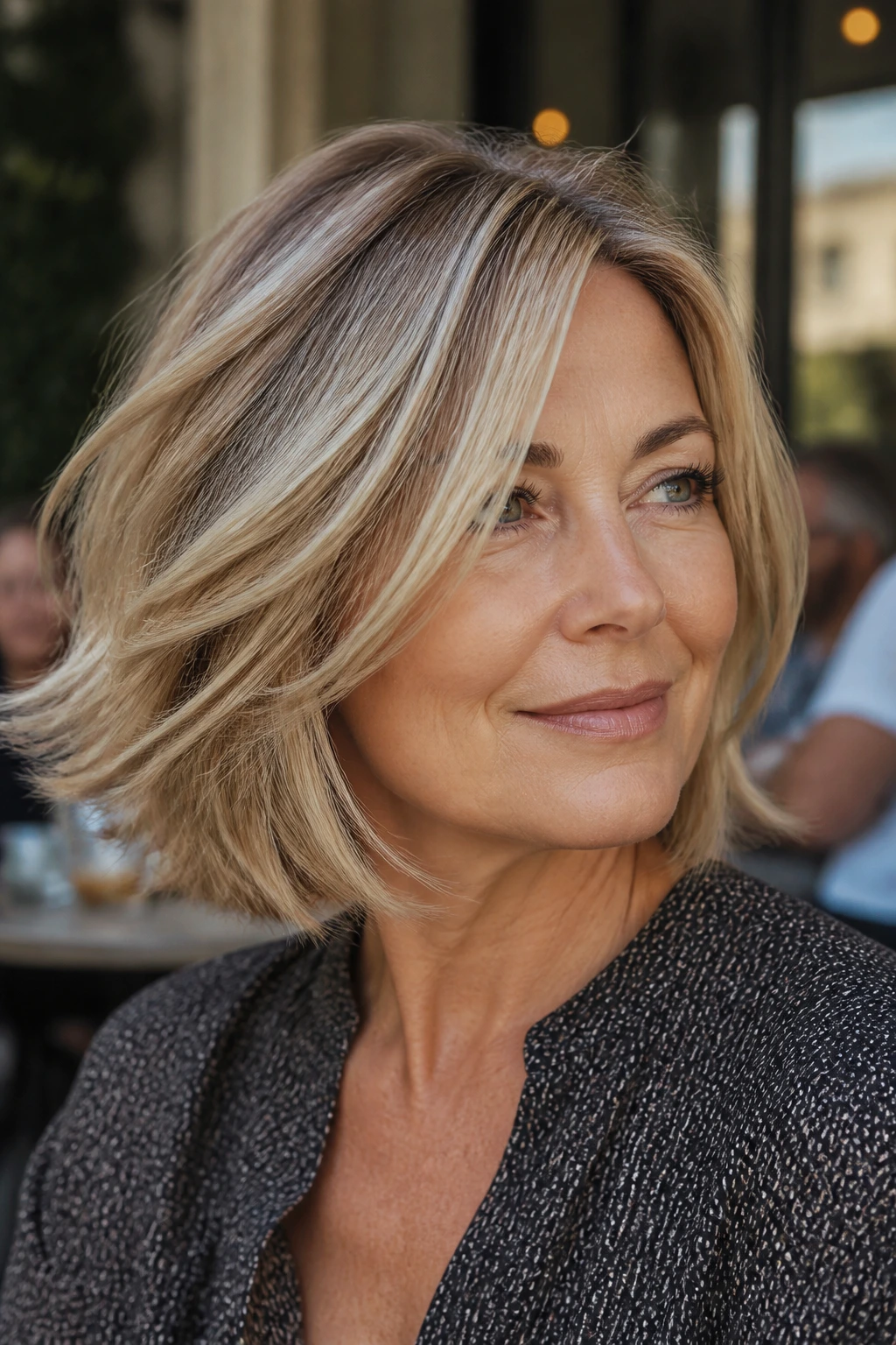 Close-up portrait of a real woman with a movable mid bob showing layered ends in a gentle breeze