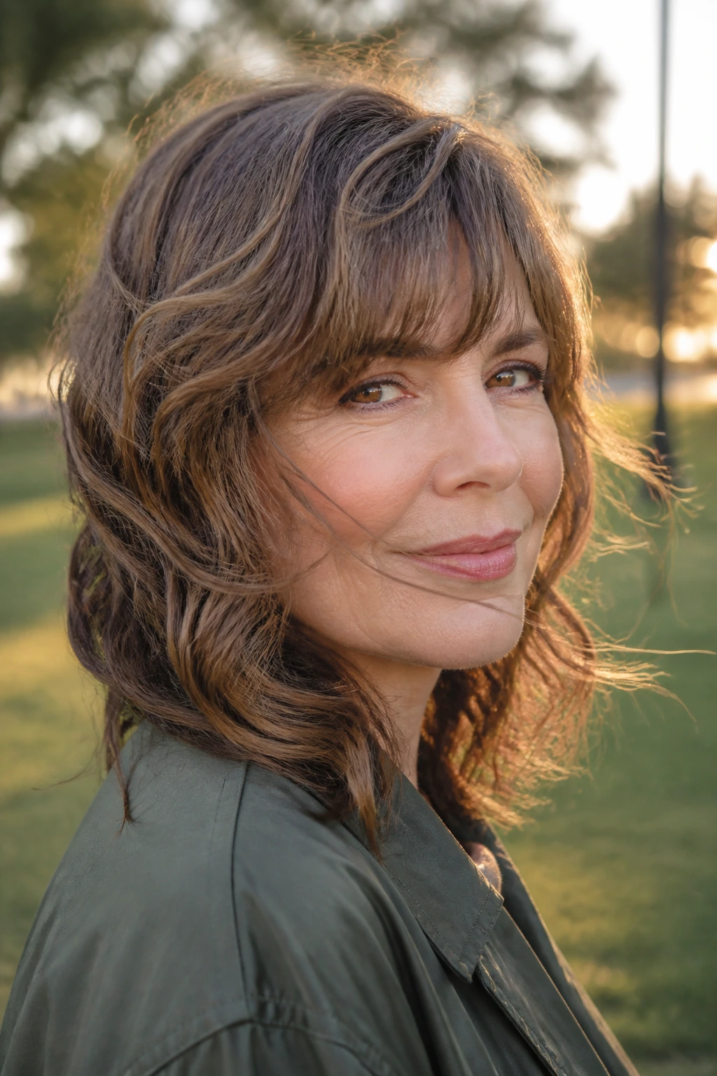 Portrait of a real woman with movement-friendly fringe outdoors at golden hour