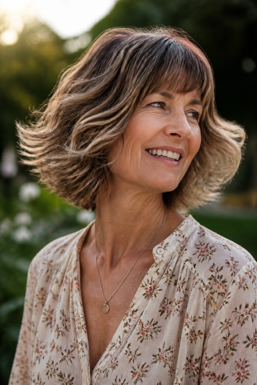 Real woman with a moving wavy bob and bangs in natural light
