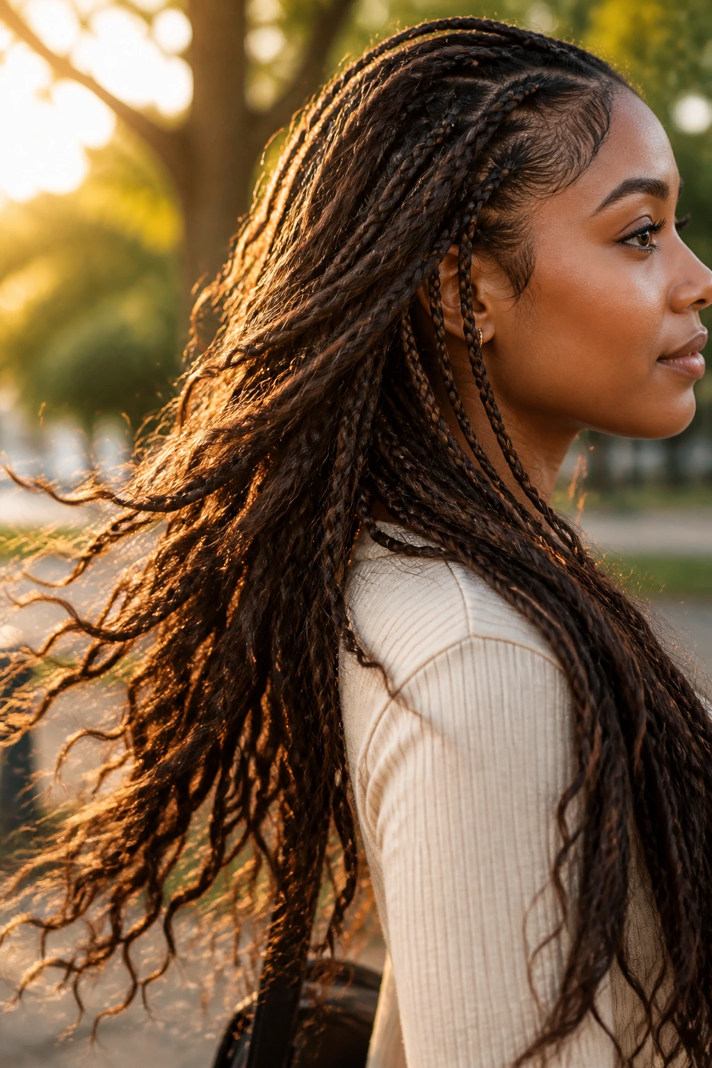 Side-profile of a real woman with long flowing braids in motion