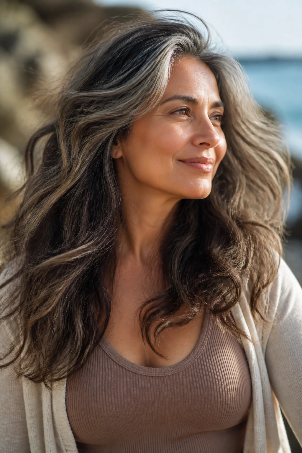 Portrait of a real woman with hair moving, showing depth and movement in the blend.