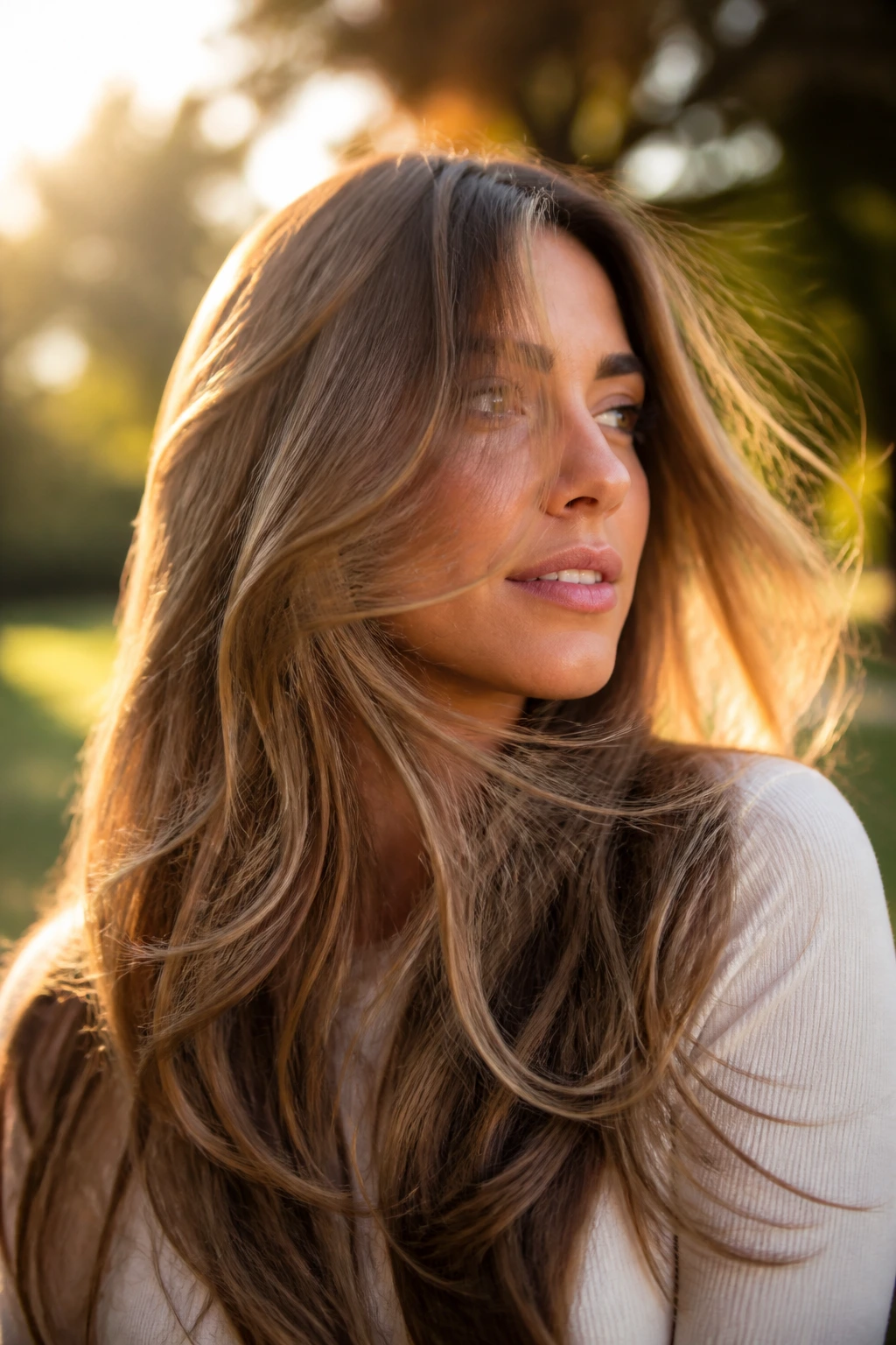 Long hair in motion on a real person during golden hour outdoors