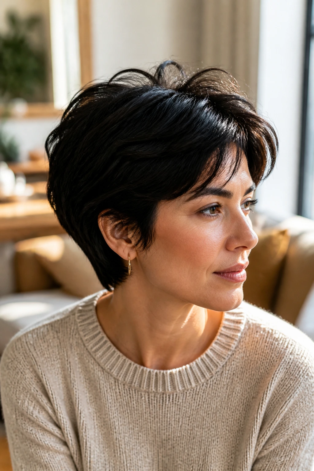 Close-up portrait of real person with movement in short dense hair under side lighting.