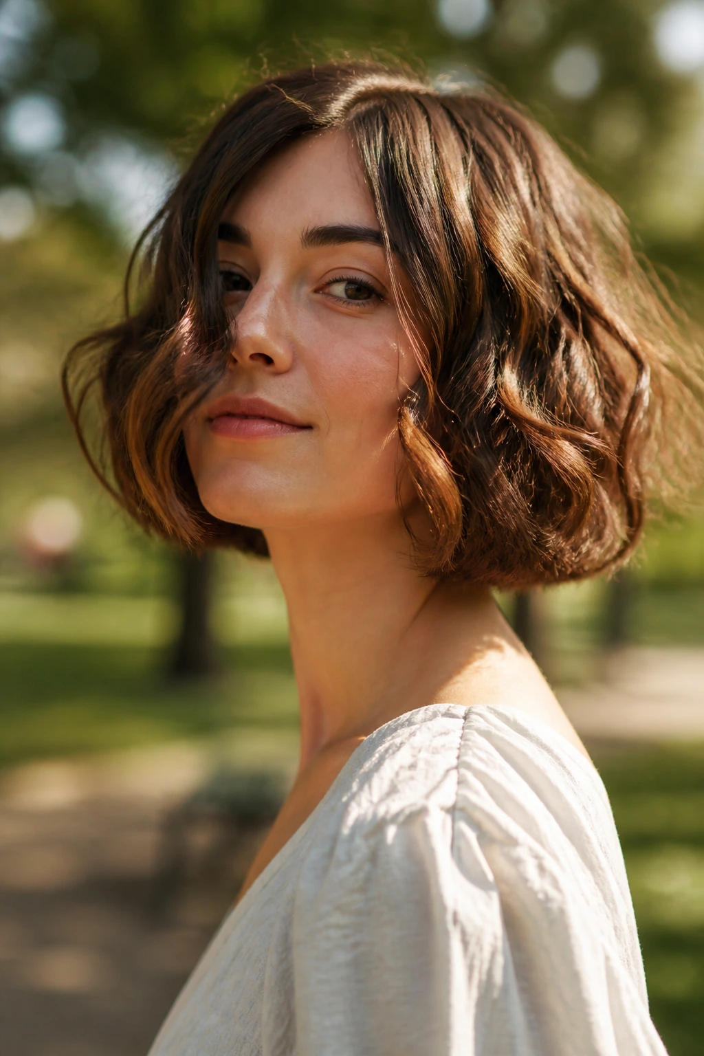 Real woman with moving wavy bob in an outdoor setting