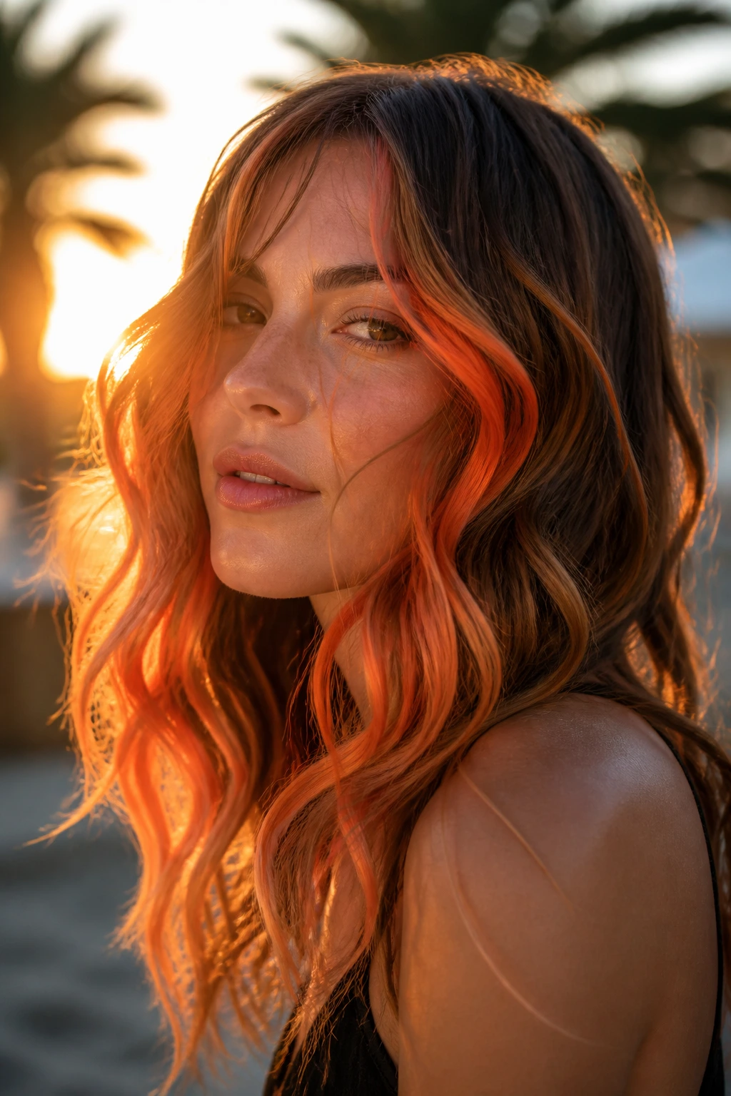 Close-up of a real person with moving block color in wavy hair under golden hour sunlight