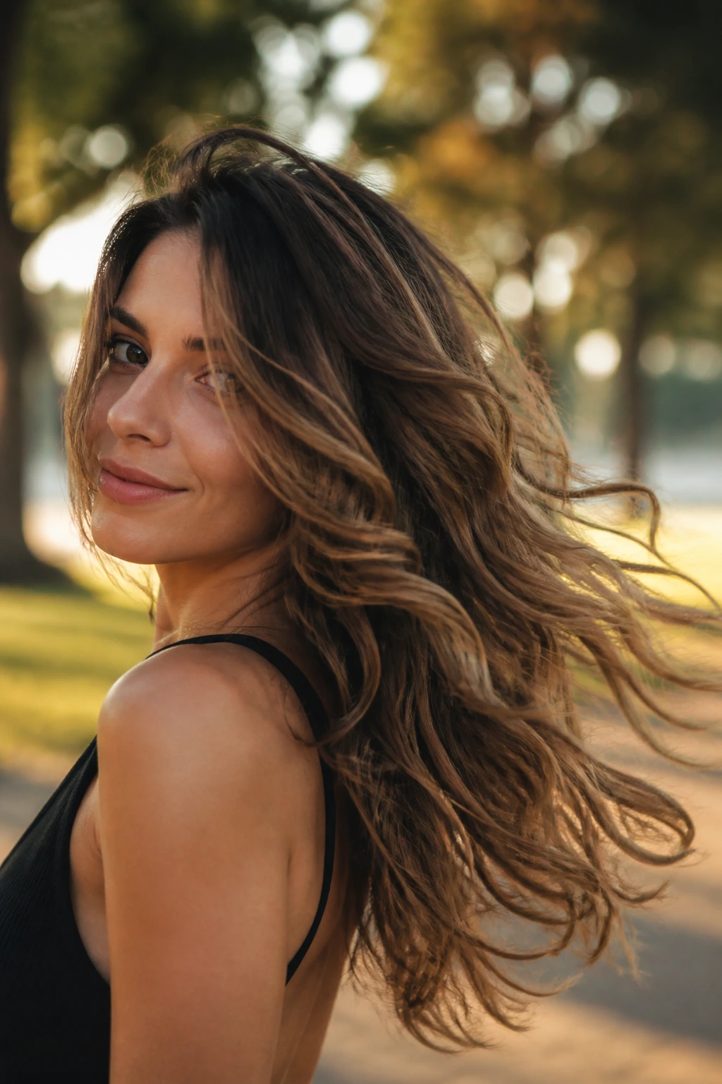 Portrait of a woman with moving long curls outdoors in wind.