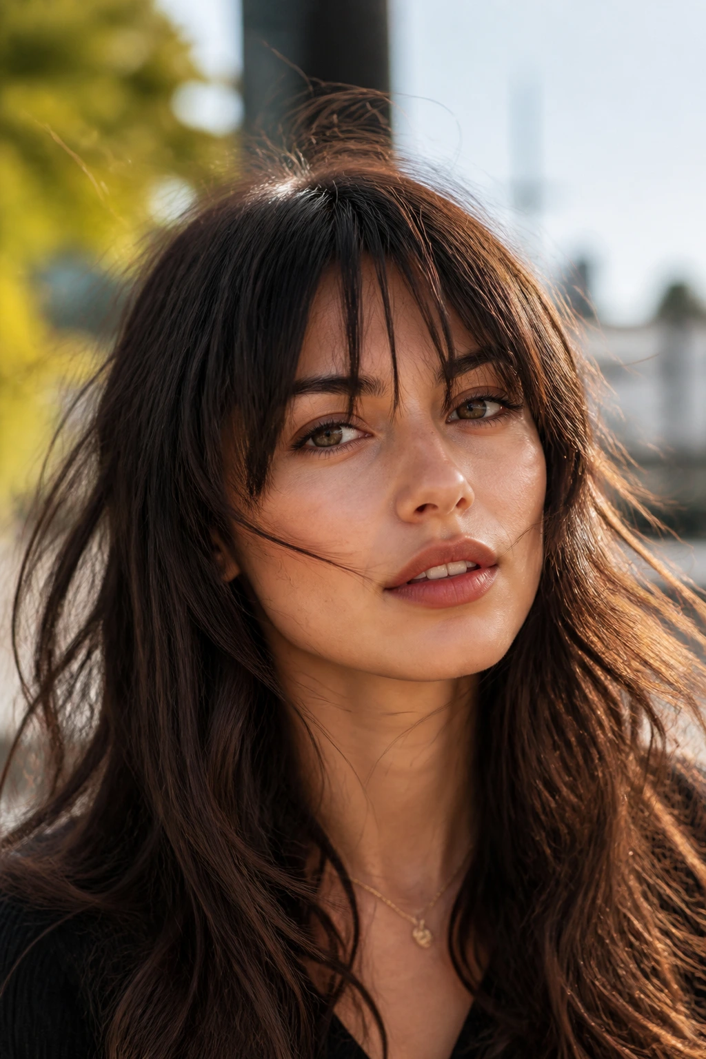 Real woman with wind-swept moving fringe portrait