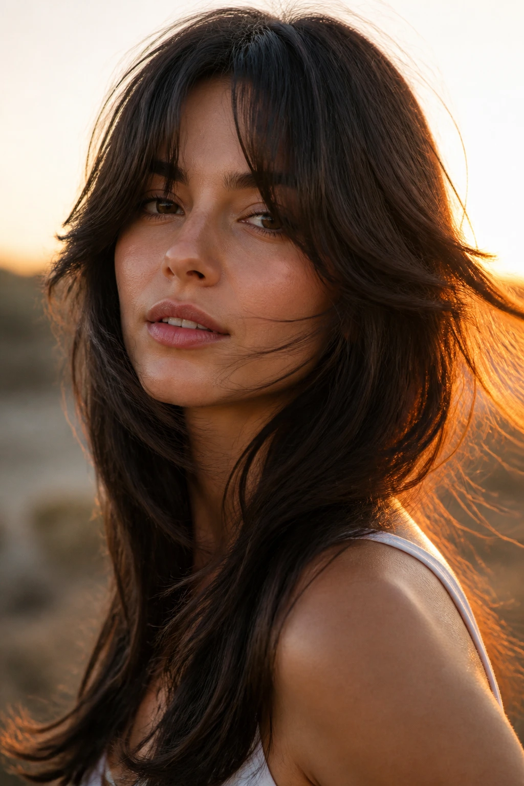 Close-up of a real woman with dramatic curtain bangs moving in breeze outdoors