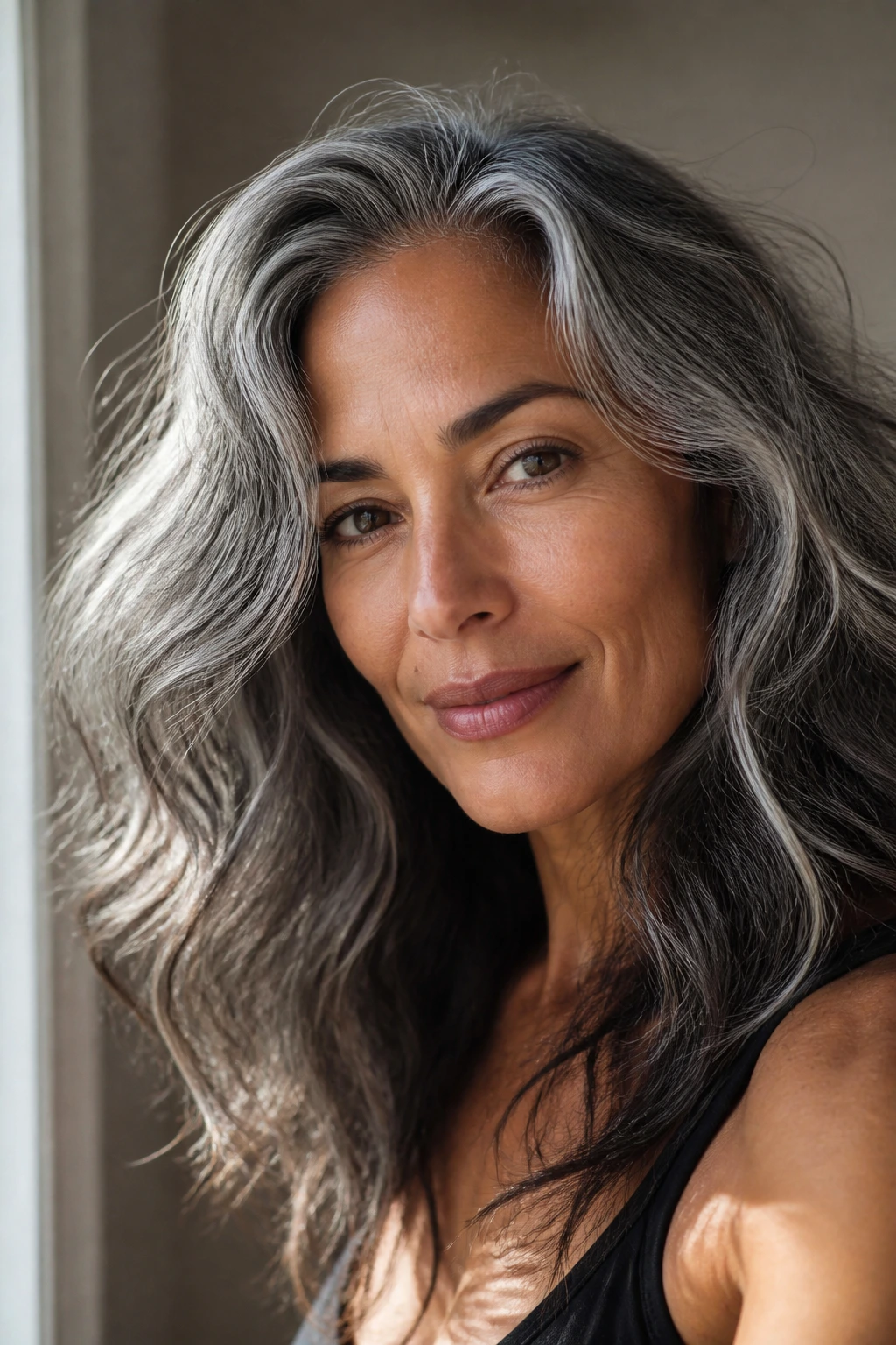 Portrait of gray hair shifting from silver to smoky with changing light