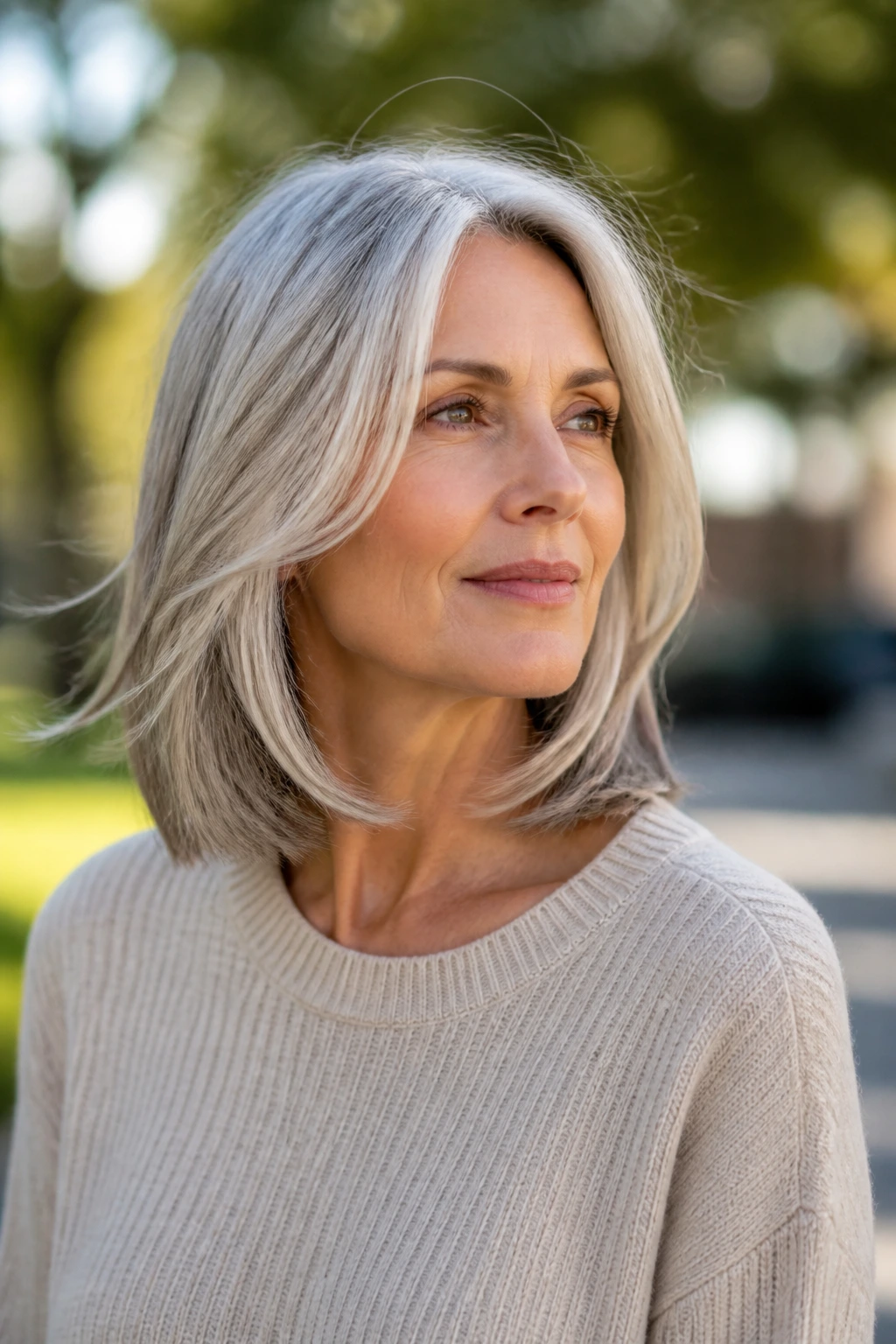 Portrait of a woman with moving long bob in breeze