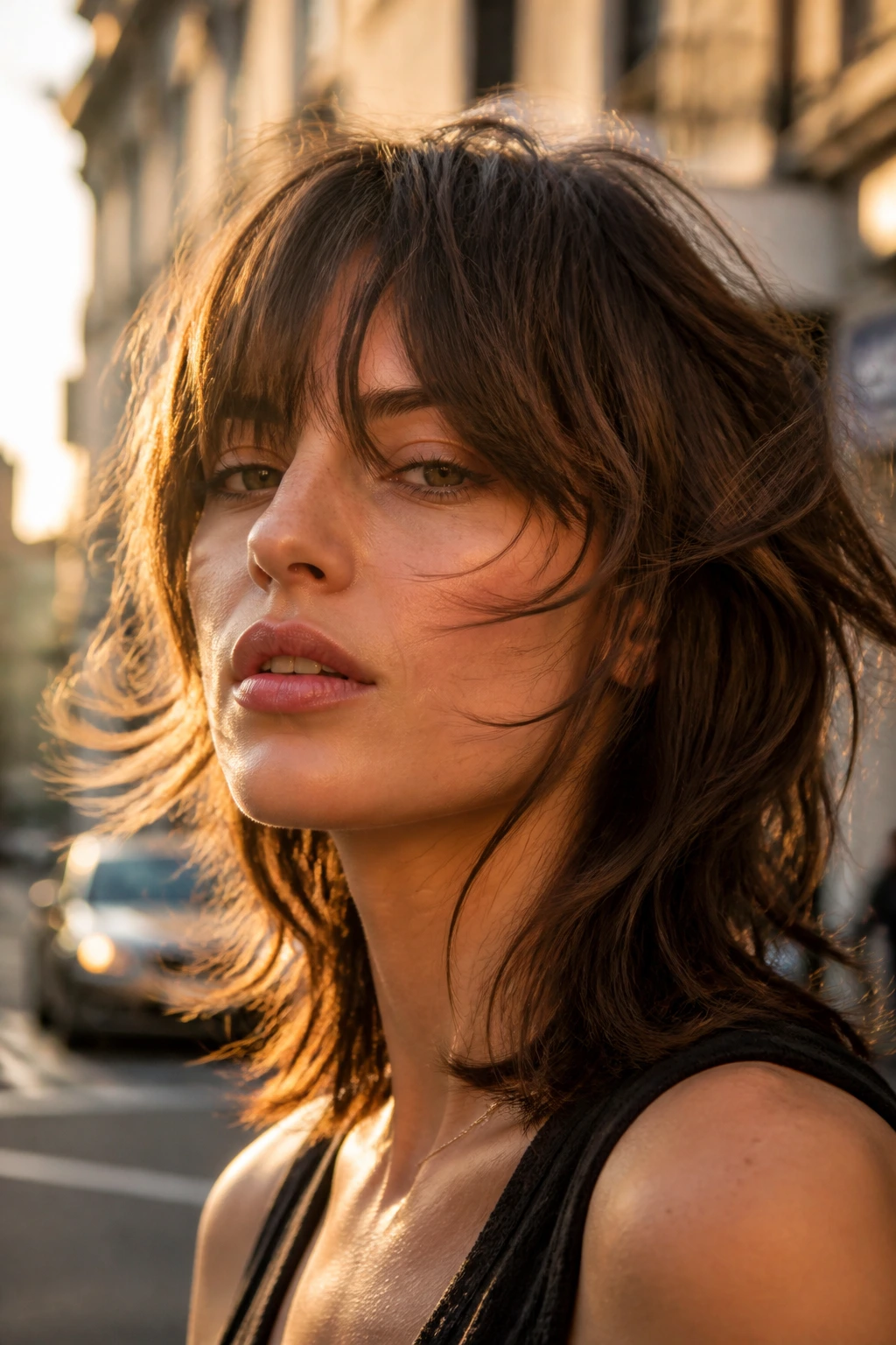 Portrait of a person with a moving shag hairstyle outdoors during golden hour.