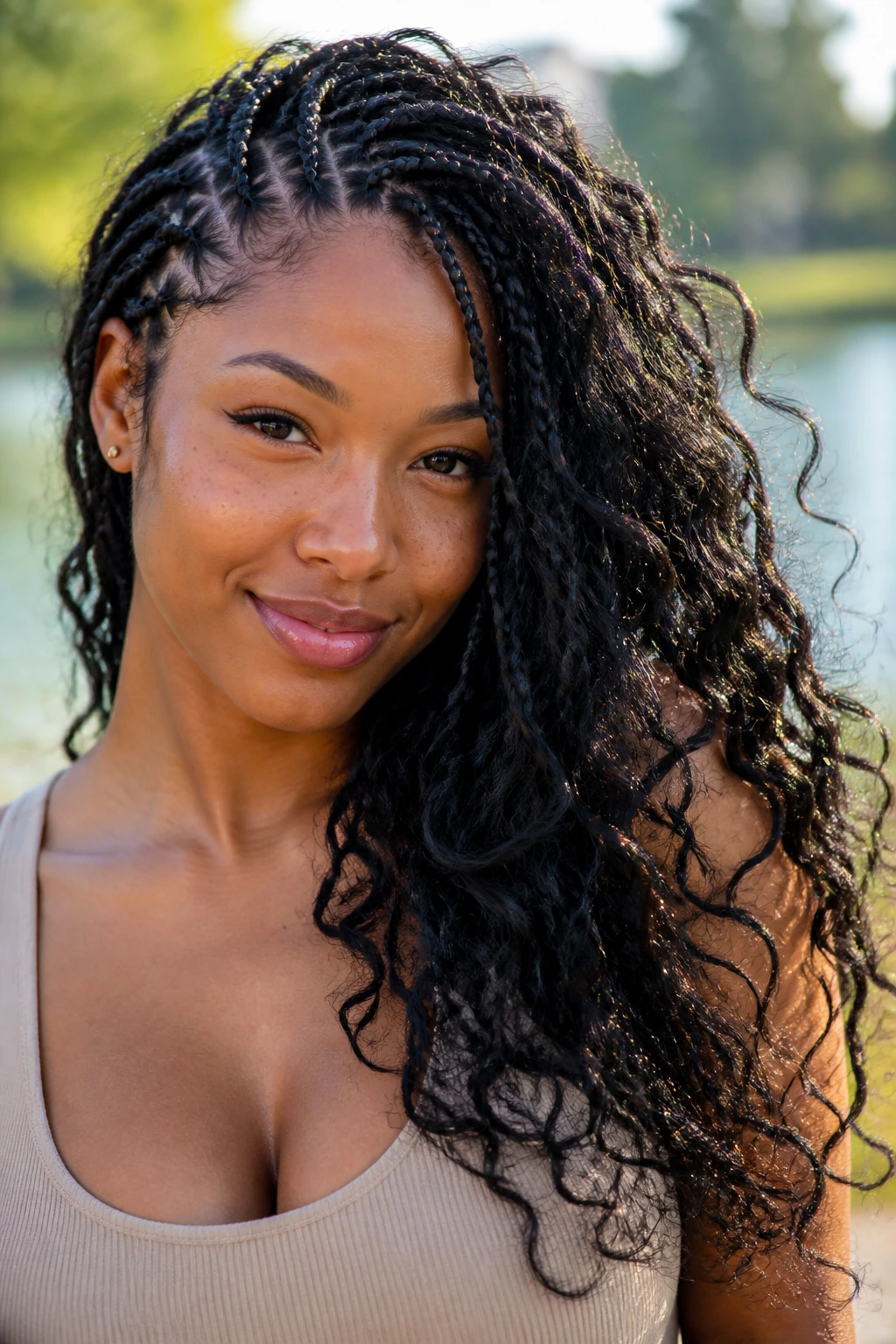 Portrait of a real woman with moving side-swept braids in natural light