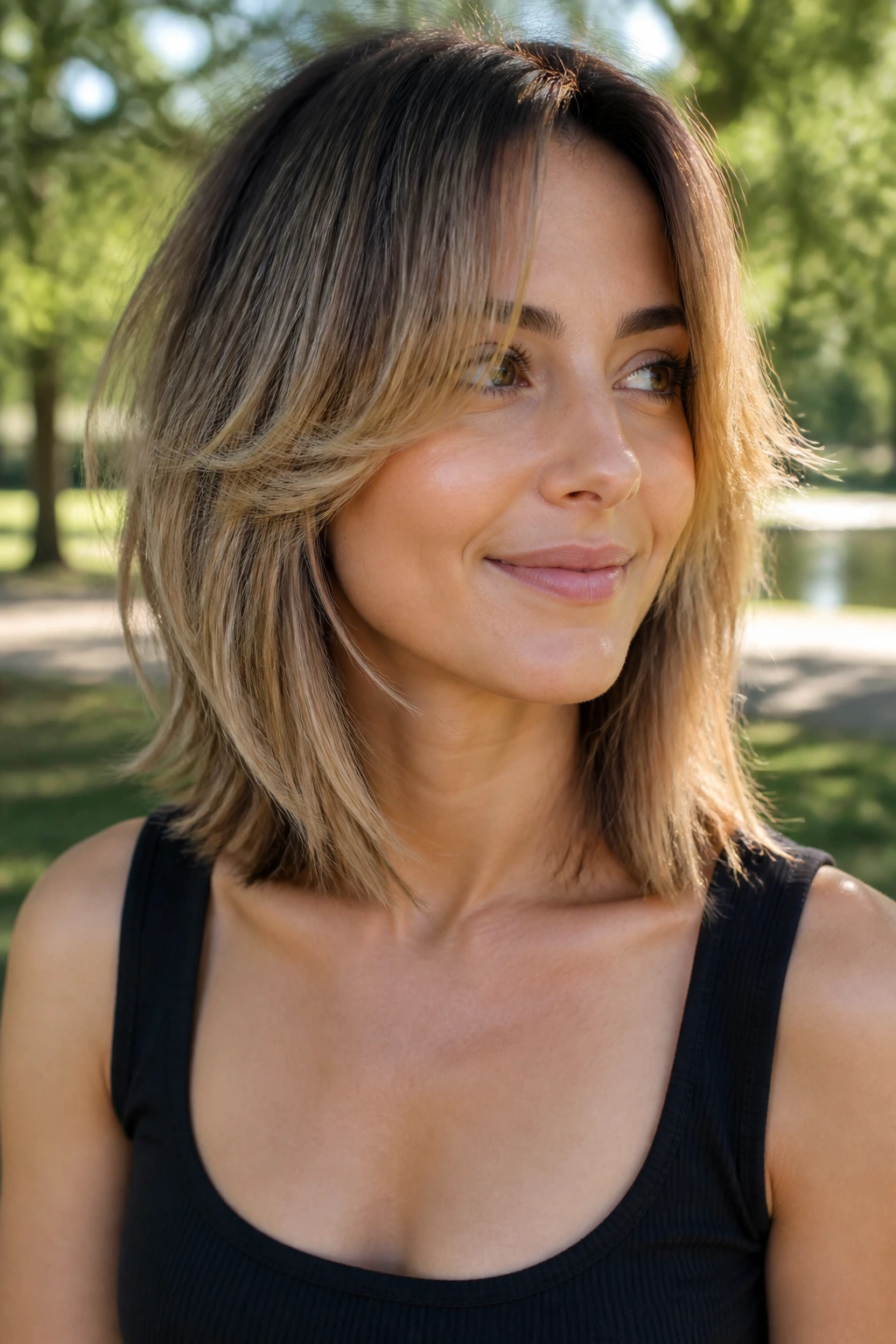 Close-up of moving shoulder-length layered hair in natural light