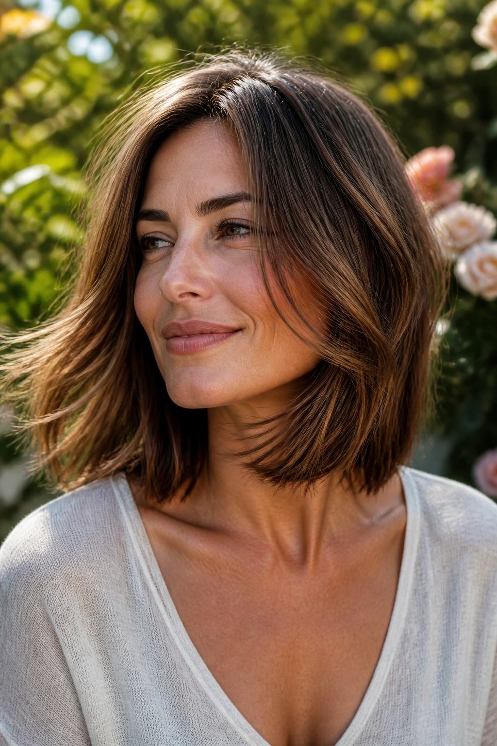 Close-up of real woman with moving long layered bob showing bend at ends