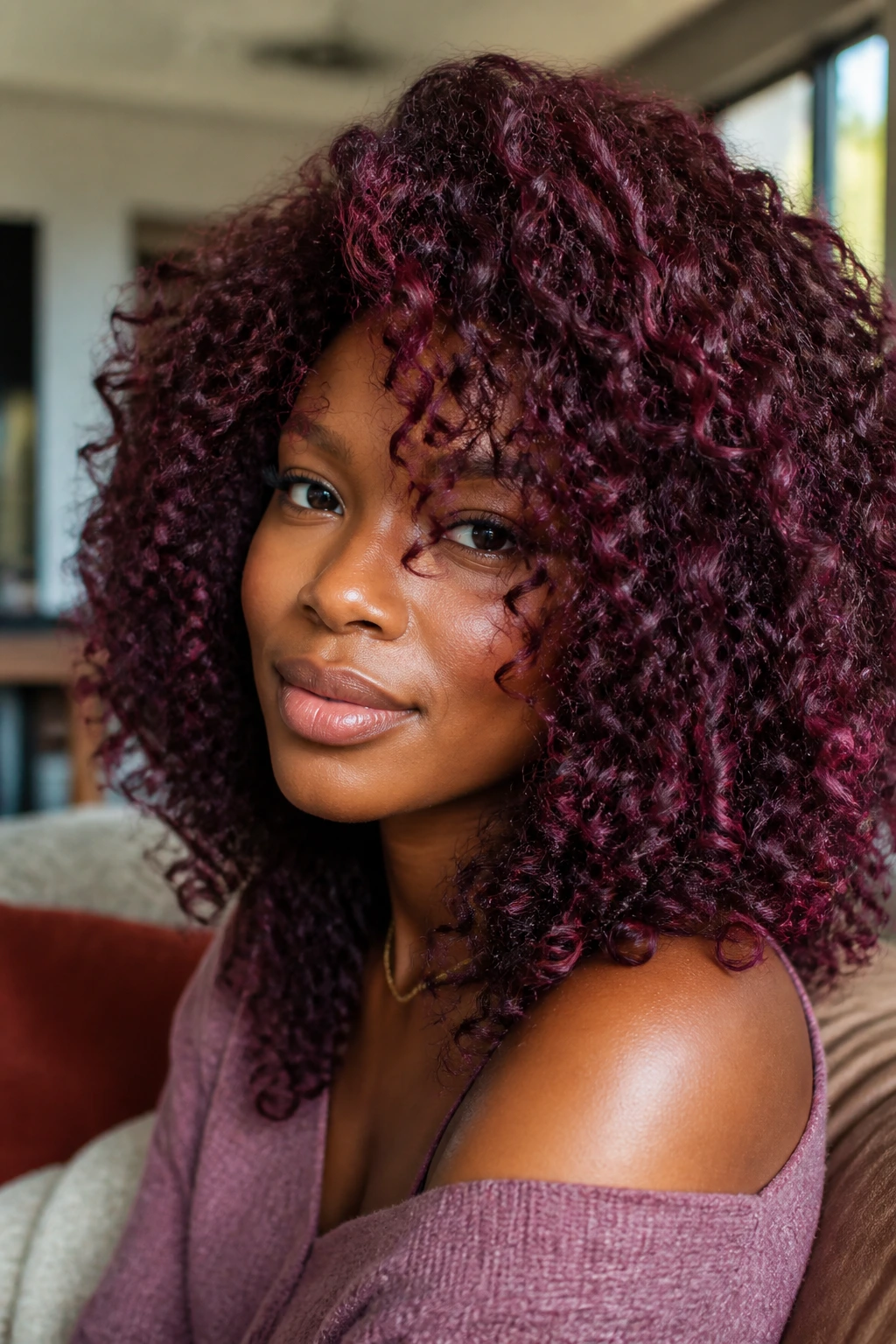Close-up of a real person with deep skin and curly hair in mulberry shade, rich purple-burgundy tones.