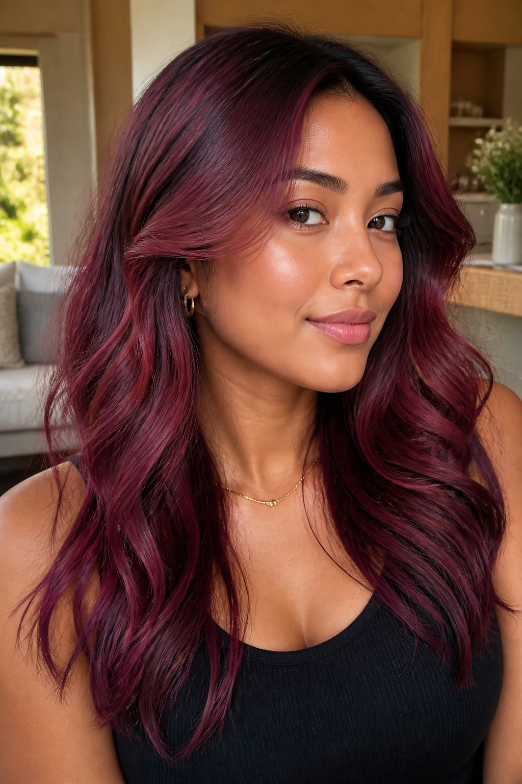 Portrait of a real person with mulberry strawberry glaze hair in soft daylight.