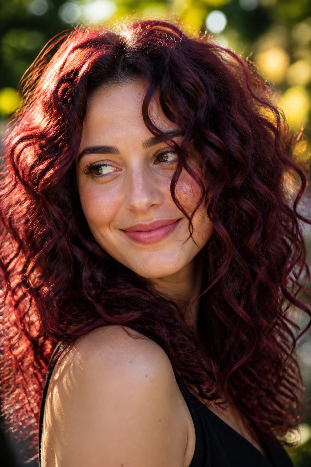 Real woman with mulberry colored curls and wine reflections in beachy waves