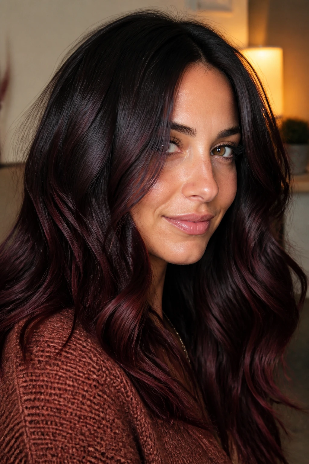 Close-up of brunette with mulled cherry lowlights on a real person