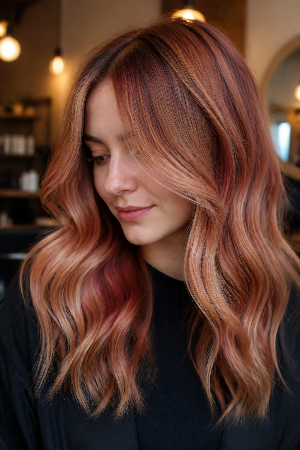 Close-up of a real woman with mulled cider strawberry balayage and ribbon highlights