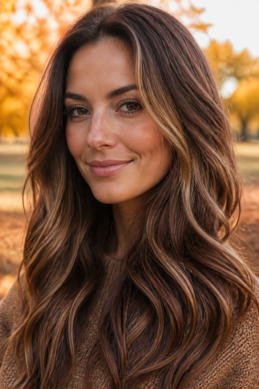 Close-up of a real woman with mulled-cider brunette and wheat blonde accents in autumn light