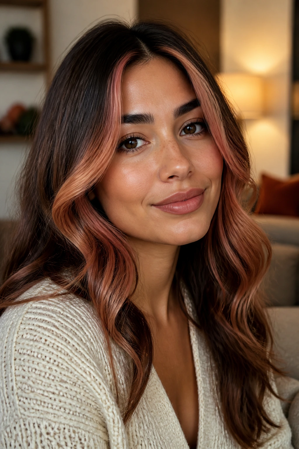 Real woman with mulled peach face frame highlights around the face