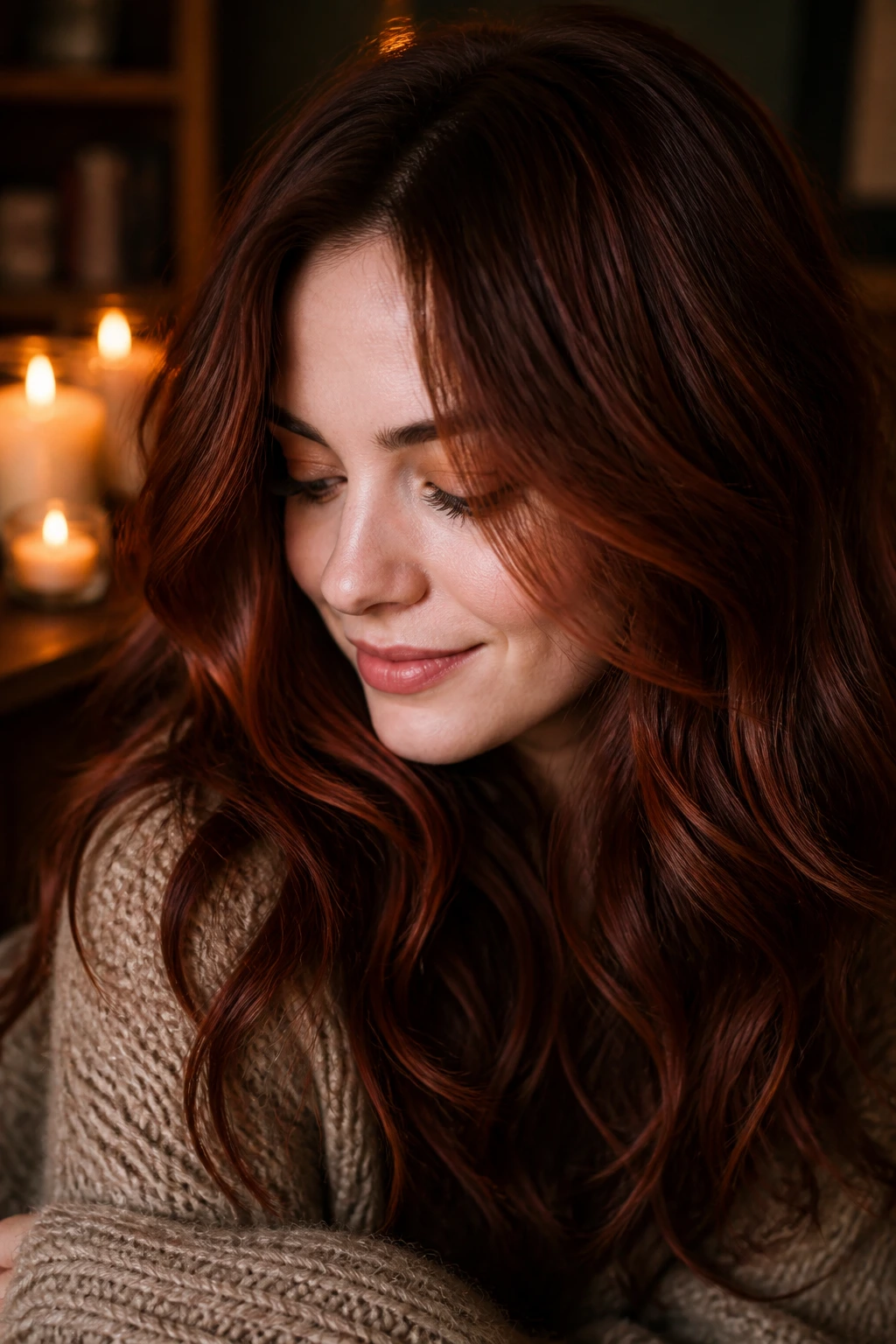 Close-up portrait of a real woman with mulled spice brown hair