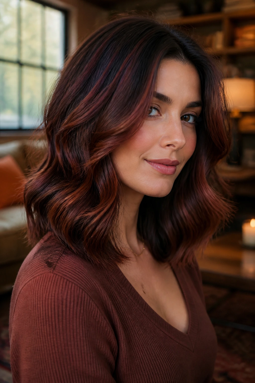 Close-up portrait of brunette with mulled spice dimension hair showing chestnut base and red-brown highlights in natural window light