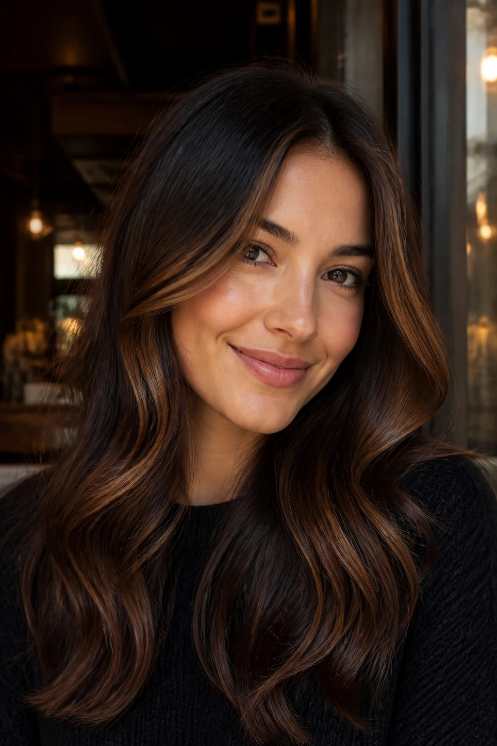 Close-up of a real woman with mulled spice front pieces framing her face